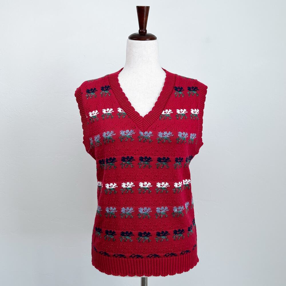 Vintage Red Floral Scallop Pointelle Knit V-Neck Pullover Sweater Vest SMALL